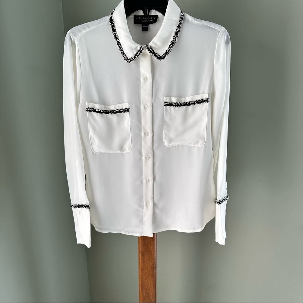 Laundry By Shelli Segal White Button-Front Blouse with Black Trim